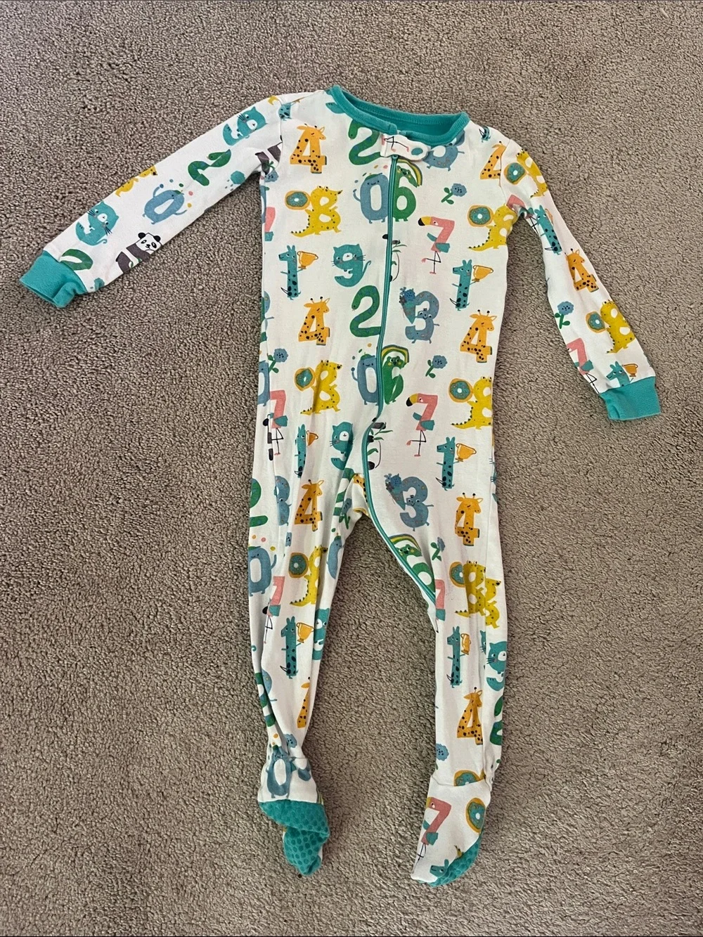 White Footed One-Piece Pajama with Teal Trim and Number Print